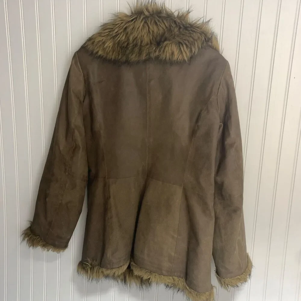 Vintage Newport News Leather Coat Womens M Brown Faux Fur Trim Y2K Boho - Picture 10 of 14